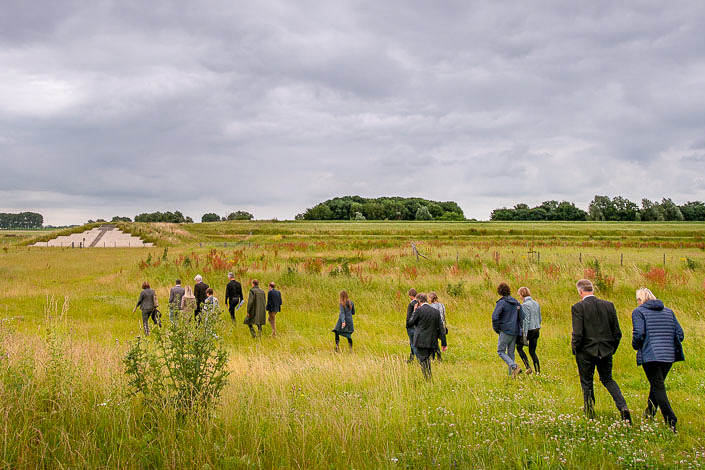 Group of people walking in a grassy field